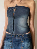 Vintage Streetwear Strapless Bodycon Tube Tops Female Y2K Lace Up Buttons Summer Denim Tank Top Short Chic Crop