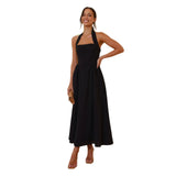 Women's Clothing 2025 New Temperament Pure Color Side To Receive Waist Hanging Neck-Laught