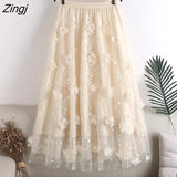 2023 Spring Summer Long Pleated Tulle Skirt Women Korean Mesh Floral Embroidery High Waist Aesthetic Midi Skirt