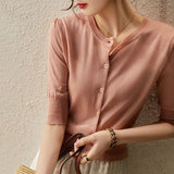 Knitted Jersey Women's Early Spring Round Collar Collar In The Middle Sleeve Ice Silk Thin Model Hit The Bottom Of The Coat Female