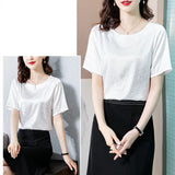 Women's Blouse Satin O-Neck Short shirts Pretty and Cheap White Print Silk Fashion Women Blouses 2023 Elegant Summer Female