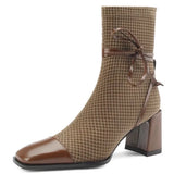 Temperament Style ~ New Square Head Thousand Bird Martin Boots Female 2025 Autumn Bow Thick High Heel Ankle
