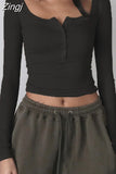 Retro Women Autumn Solid Knitted O-neck Tees Crop Tops y2k Fairycore Button Up Full Sleeve T-shirts Aesthetic