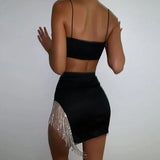 Chain Tassels Diamond 2 Piece Set Elastic Satin Strap Backless Tanks Crop Tops Mini Skirts Women 2023 Summer