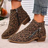 Velvet Side Zipper Short-Trace Martin Boots Women Pointed Thick And Thin Leopard-Print Single