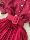 Women Hollow Out Lace Patchwork Pleated Long Dress Elegant Embroidery Short Puff Sleeve Single Breasted Maxi Vestidos