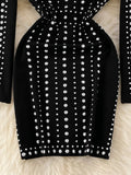 Winter Women Black Rivet Bodycon Dress Vintage Stand Collar Long Sleeve Slim Retro Mini Vestidos Female Sheath Robe