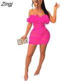 Women Feather Two Piece Set Strapless Shirt + Mini Skirt Dress Sheer Mesh Party NIght Clubwear Dresses For Women