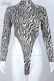 Zebra Striped High Collar Bodysuits 2023 Women Long Sleeve Slim Leotard Tops Streetwear Party Club Female