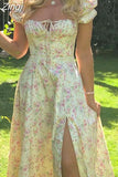 Women Floral Print Long Dress Summer Chic Short Sleeve Square Collar Split A Line Party Sundress Ladies Holiday Beach