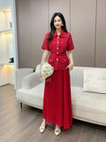 French-Style Suit Women's Fashion Collar Short-Sleeved Waist Top + High-Waisted 100-Folded Skirt Two-Set