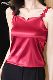 Women's Tank Tops 2023 Spring Sexy Crop Vest Solid Camisole Female Off Shoulder Satin Floral Sleeveless Clothes Women Basic