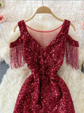 Sequins Party Maxi Dress For Women Sexy V-Neck Short Sleeve High Waist Tassel Long Robe Female Elegant
