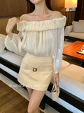 Xixi 2025 Autumn White Standard French Temperament Cloud Out-Shoulder Design Chiffon Long Sleeve Top