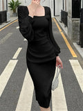 Women Spring Square Collar Sexy Party Dress Split Lantern Sleeve OL Sheath Female Bodycon