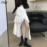 High Waist Irregular Skirt Women White Korean Designer Ruffles Split Skirt Slim Office Lady Streetwear Chic Party