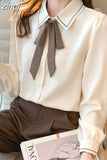 Women Shirt Long-sleeved Blouse Lace Up Chiffon Shirts 2023 Spring New Fashion Women Clothing Bowknot Elegant Womens