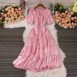 Women Beading Party Dress Vintage V-Neck Short Puff Sleeve High Waist Ruffle Draped Robe Vacation Beach Vestidos 2023
