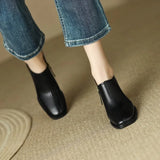 Zingj New Square Head Retro Casual Single Shoes Thick Heel Side Zipper Deep Mouth High Heel Square Head Black Solid Color Single Shoes Women-Outfit