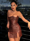 Women Autumn 2023 New Y2K Brown PU Leather Vintage Classic Solid Elastic Skinny Sexy&Club Low Cut Hem Slitted Hip