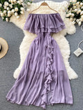 Slash Neck Chiffon Long Dress Women Red/Green/Purple Irregular Ruffle Short Sleeve High Waist Beach Vestidos Female