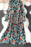 Autumn Bohemian Floral Pleated Long Dress Women Elegant Bow Collar Puff Sleeve Draped Chiffon Vestidos Female Party