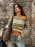 Striped Collar Knitted Bottom Shirt Woman Exposed Umbilical Slime Inside A Coat And Shoulder