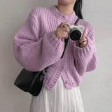 Round Neck Lantern Sleeve Knitted CardiganOutfit