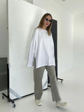Hot Loose Long-Sleeved Open-Fork T-Shirt Women's Solid Color 100% Cotton Top Spring And Summer Women's
