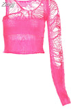 Women Autumn New 2023 Pink Sweet Wool Knitting Hollow Asymmetrical Single Shoulder Sleeve Holes Decoration Sexy