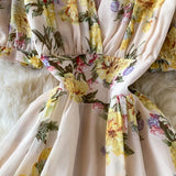 Bohemian Floral Long Dress For Women Sexy V-Neck Short Sleeve High Waist A-Line Big Swing Vestido Casual Blue Robe
