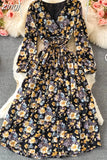 Autumn Women Floral Chiffon Midi Dress Vintage V-Neck Flare Long Sleeve High Waist A-Line Vestidos Female New
