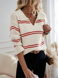 And Winter Loose V-Neck Stripes Bumpy Long-Sleeved Polo Shirt