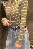 Striped Women Pullover Sweater Fashion Button Long Sleeve Knitted Slim Korean Jumper Causal High Elastic Ladies