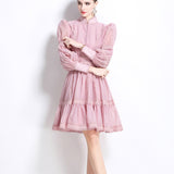 Elegant Bubble Sleeve Lace Splicing Mesh Dress Women's Court Collar Lantern Sleeve A-Word