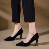 Women 2025 New Summer Black Fine Tip Pointy Light Mouth Velvet Career Hitchhed Temperament Single-Shoe