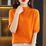 Zingj And Summer Loose And Versatile Wool Knit Short Sleeve Women Plus-Size Round-Neck Solid Color Bottom Knit T-Shirt Thin-Outfit