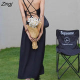 Women Summer Sleeveless Black Backless Fashion Spaghetti Strap Design Streetwear Vestido De Mujer Mid-calf New