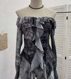 Shooting Retro Shoulder Tie-Dye Net Horn Long-Sleeved T-Shirt Irregular Lotus Leaf Side Ribbon Y2k Top