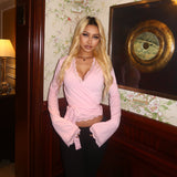 2025 New Women's Solid Color V-Neck Lace Lace With Long-Sleeved T-Shirt