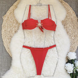 Three-Point Solid-Color Bikini Sexy Split Swimsuit Women With Adjustable Low-Waist Triangle