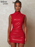 Fashion Faux PU Leather Bodycon Mini Dress Women Sleeveless Turtleneck Body-Shaping Drawstring Robe Female Hip