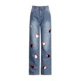 Personality 2025 Autumn New Fashion Niche Design Hollow Love Straight Jeans Female