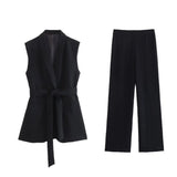 Women's Explosive Solid Color With Belt Medium Long Vest + Casual Pants