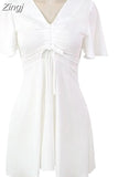 Summer Dress Women OL Casual Short Sleeve Dresses Female Dress V neck Solid Pink Blue White Dress Boho Robe Femme