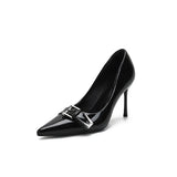 Thin Heel High Heels Spring 2025 New Metal Buckle Tip Patent Leather Sexy Single Shoes Women