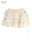 Kawaii Lolita Mini Skirt For Women Lace Casual Elegant 90s Sweet Female Skirt High Waist Bandage Korean Skirt 2023