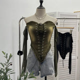 Sexy Tset Blouse Irregular Cowboy Splicing Mesh Yarn Tie With Short T-Shirt