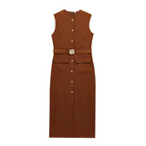 New With Belt Cuffless Sleeveless Fande Dress