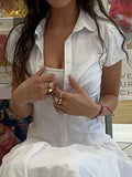 White Slim Waist Short Sleeves Shirts- Outfit